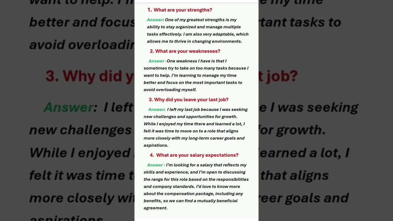 Top 4 Job Interview Questions and Answers (Common Questions) #interviewquestions #interview #shorts