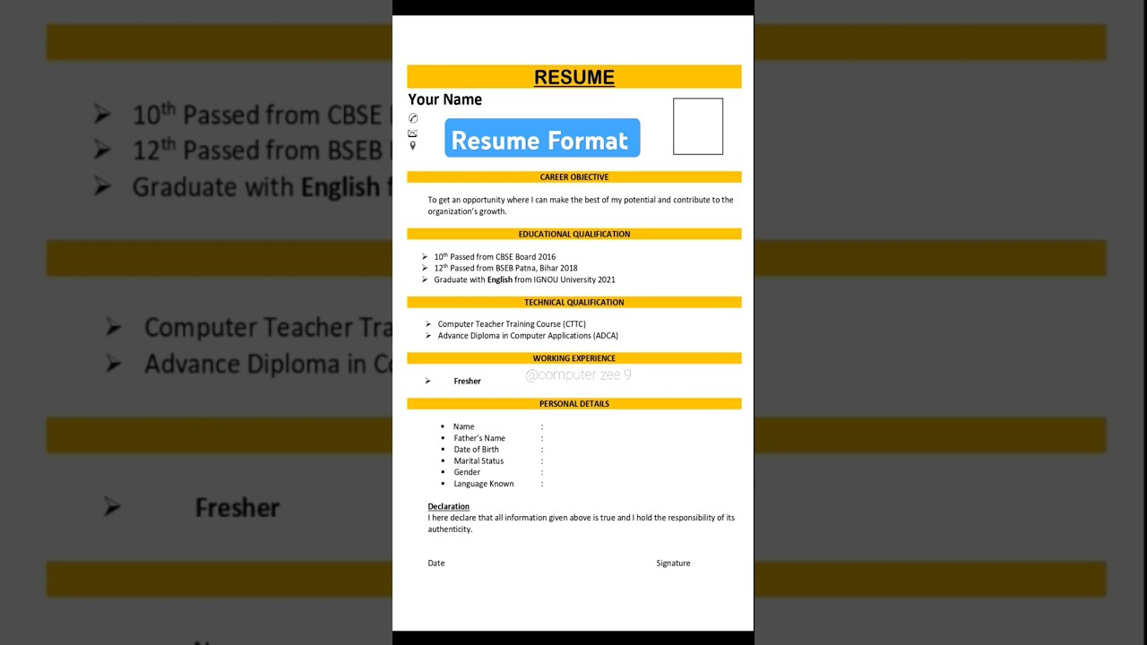 Resume Format for Freshers #shorts #youtubeshorts #computerzee9